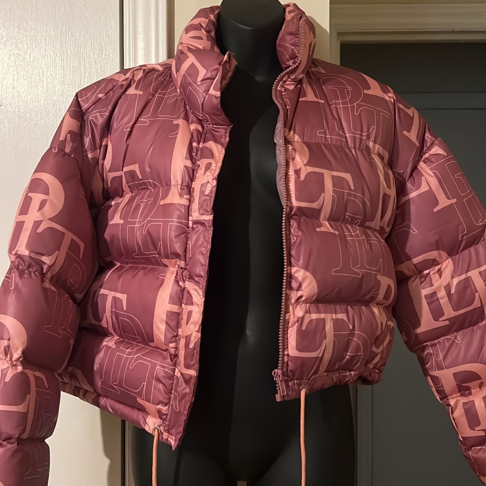 PrettyLittleThing Pink Puffer Jacket with Monogram Print